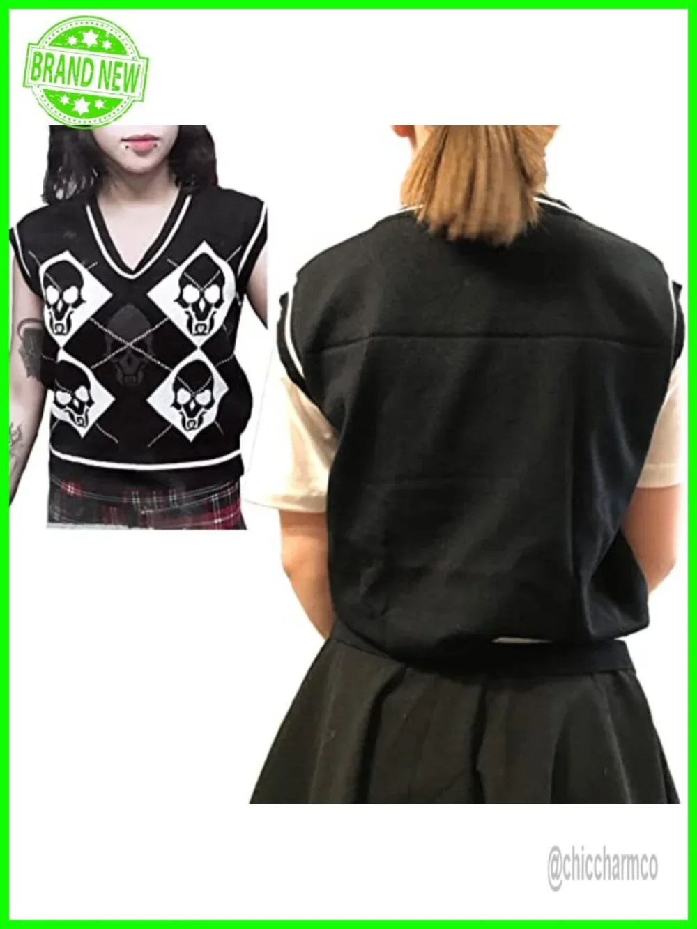 Sleeveless Skull Knit Sweater Vest V Neck Crop Pullover